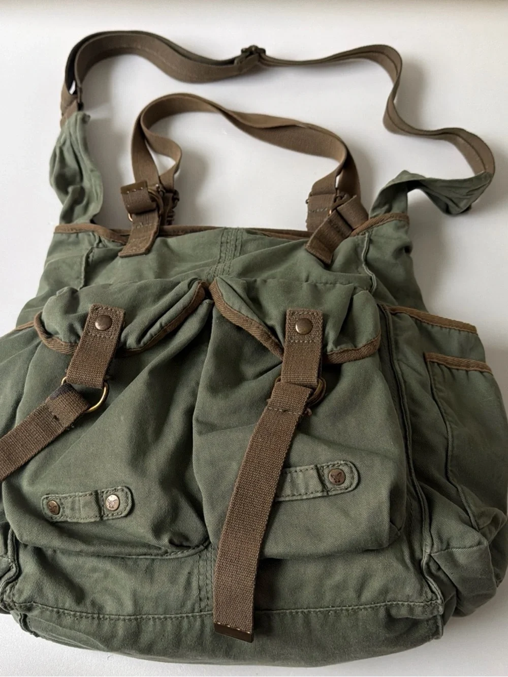 American Eagle Outfitters Olive Green Canvas Messenger Bag with Brown Trim